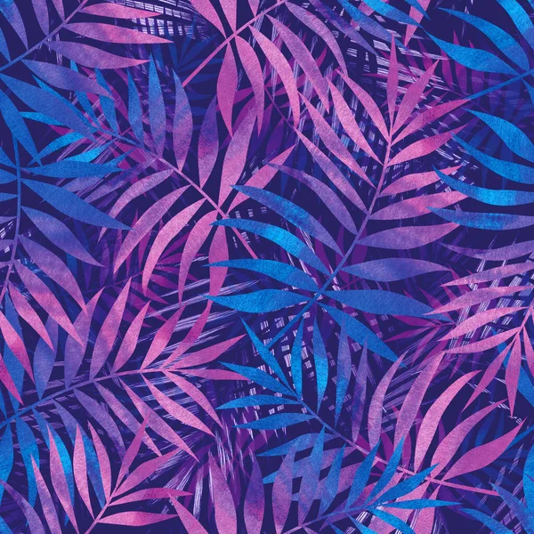 質感のためのデザイン 熱帯のヤシの葉とシームレスな紫色のパターン 手描き — ストック写真
