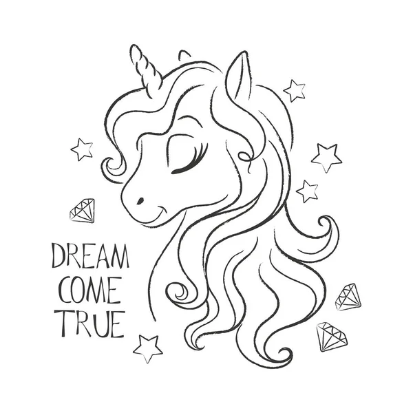 - Sanat. Boyama. Şirin tek boynuzlu at. Modern tarzda moda illüstrasyon çizimi. Hayaller gerçek olur..