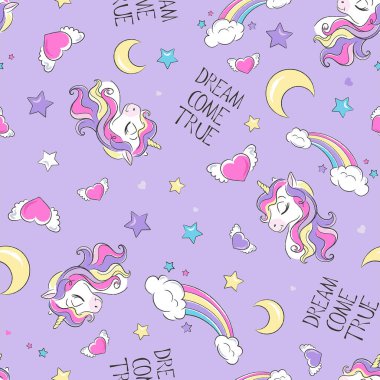 Tek boynuzlu at deseni. Küçük hayalperest. Kıyafetler, kumaşlar ve kitaplar için modern tarzda moda illüstrasyon baskısı. Hayaller gerçek olur..