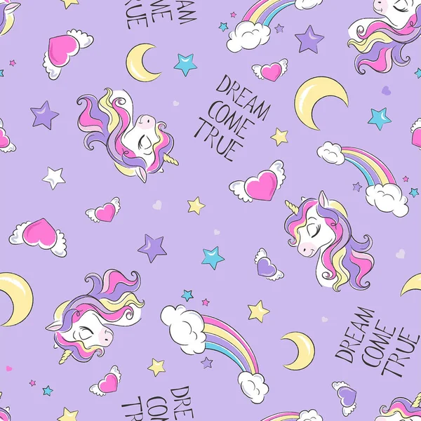 Tek boynuzlu at deseni. Küçük hayalperest. Kıyafetler, kumaşlar ve kitaplar için modern tarzda moda illüstrasyon baskısı. Hayaller gerçek olur..