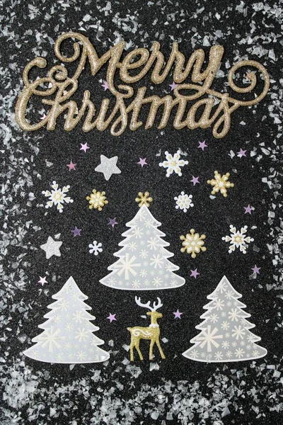 Snow Snowflakes Falling Christmas Trees Black Background — Stock Photo, Image