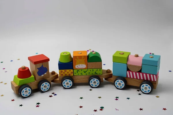 Wooden Toy Train Pieces Fit Fun Colors — Stock Photo, Image