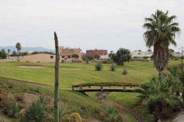 Yeşil çim ve golf sahası ve bulutlu gökyüzü bayrakları