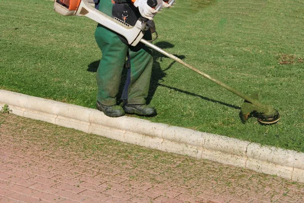 Arbeiter Mit Grünen Overalls Mähen Den Rasen Öffentlicher Gärten — Stockfoto