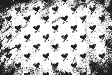 Aşk tanrısı kalplerinin simgeleriyle Grunge deseni. Yatay siyah beyaz arkaplan.