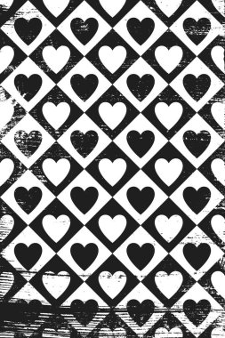 Kalplerin sirk simgeleriyle Grunge deseni. Dikey