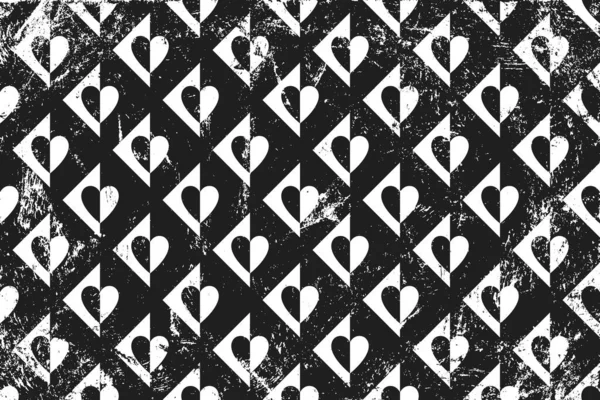 Grunge Muster Mit Geometrischen Herzsymbolen Horizontaler Schwarz Weiß Hintergrund — Stockvektor
