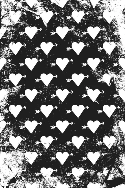 Grunge Vzor Ikonami Amoridních Srdcí Svislé Černé Bílé Pozadí — Stockový vektor