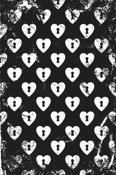 Grunge Pattern Icons Keyhole Hearts Vertical Black White Backdrop — Stock Vector