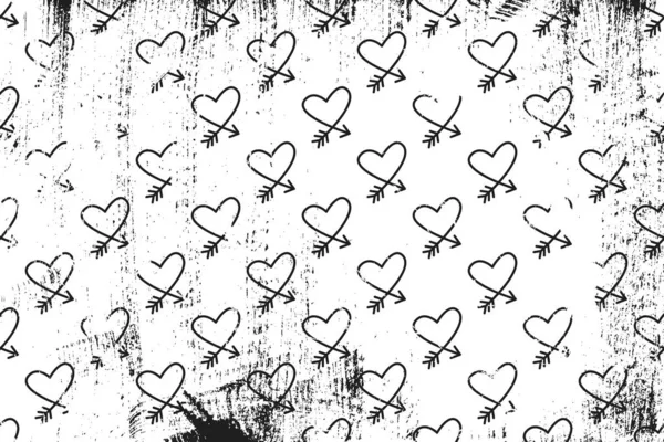 Grunge Pattern Line Art Icons Cupid Hearts Horizontal Black White — Stock Vector