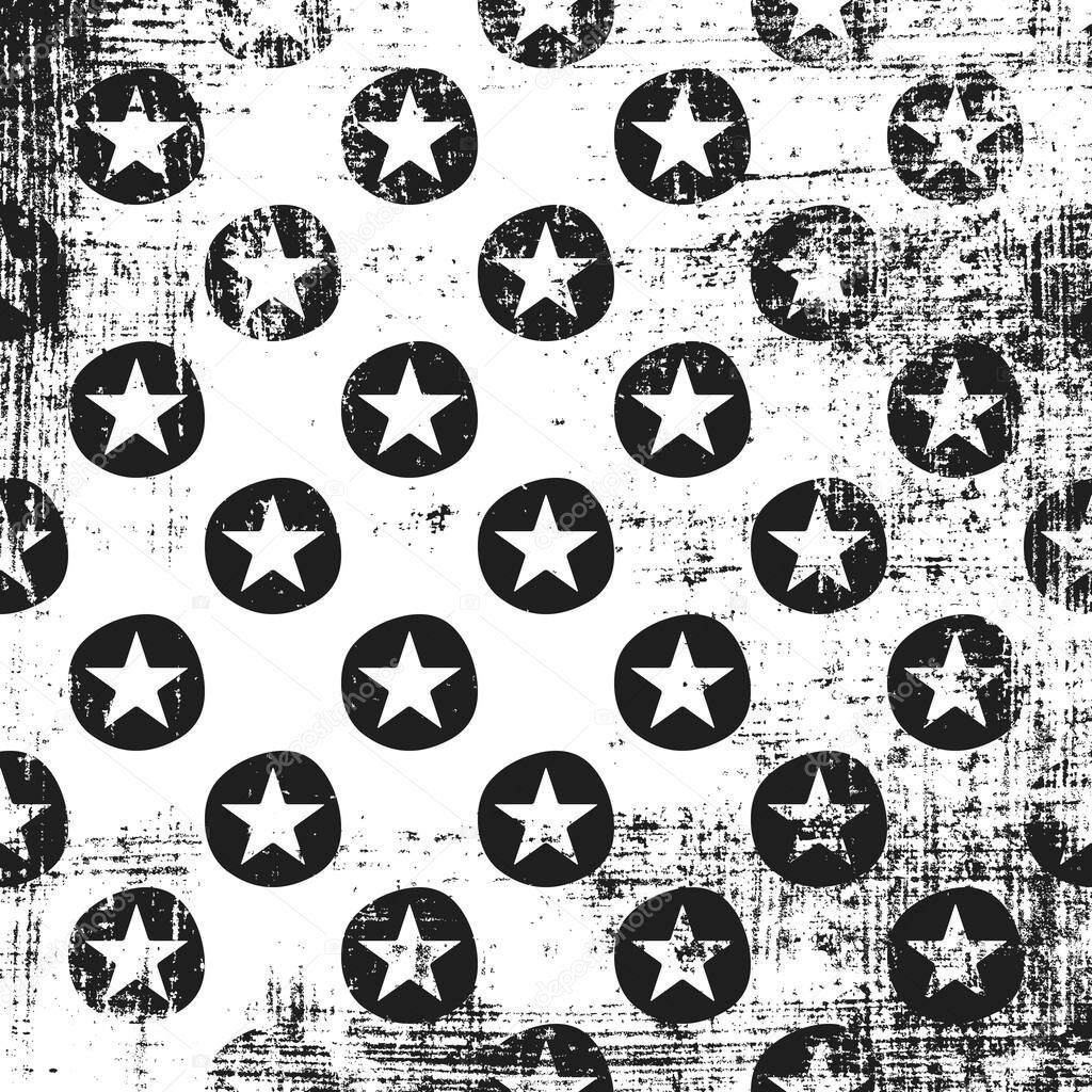 Grunge pattern with stars in circles. Square black and white backdrop.
