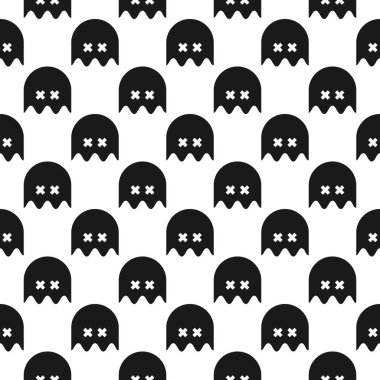 Hayaletlerle kusursuz grafik desen. Siyah ve beyaz kare arkaplan.