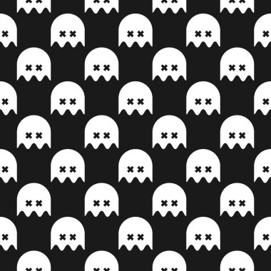 Hayaletlerle kusursuz grafik desen. Siyah ve beyaz kare arkaplan.