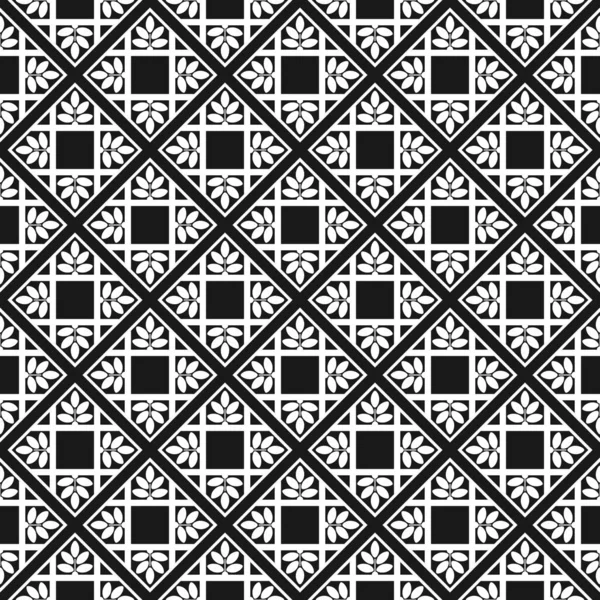 Seamless Geometric Pattern Floral Elements Black White Square Background — Stock Vector