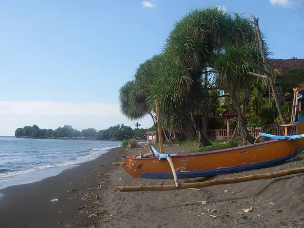 Perahu di pasir dekat dengan langit biru dan pohon-pohon — Stok Foto