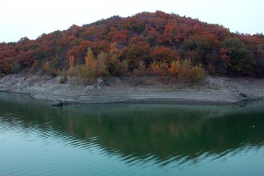 Baraj gölünün kıyısında bekletin. Güzel su manzara orman doğada. Bir sonbahar günü sakin gölde. Renkli Peyzaj Sonbahar gölde. Göl kenarında kamp. 