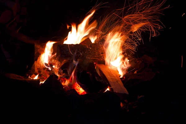 Ormanda piknik sırasında gece şenlik ateşi yakar. Parlak, turuncu ve sarı yangın yangın. Doğada yangında Kabilesinin diller. 