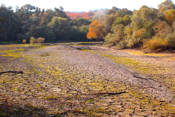 Güzel sonbahar manzara. Kuru rezervuar. Kara Göl, susuz kurudu. Kırık Dünya'nın doku. 