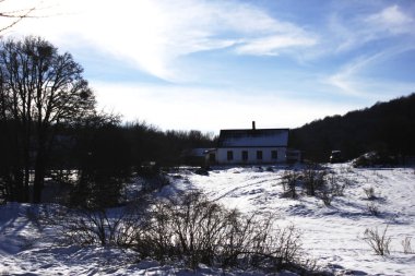 Kış orman yalnız forester evde. Karlı kış ve ormanda beyaz avcı'nın evi. Forester'ın evi ormanında kış aylarında dinlenmek. 