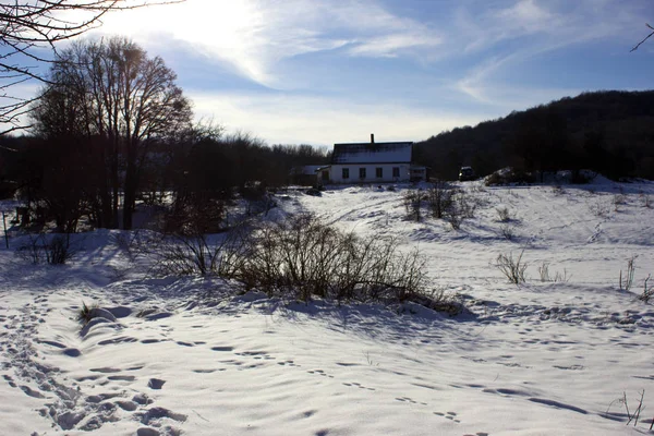 Una Solitaria Casa Forestal Bosque Invierno Invierno Nevado Casa Cazador —  Fotos de Stock