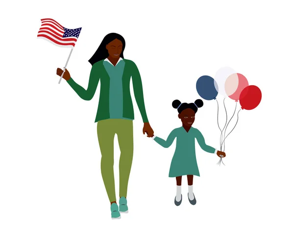 Amerikan bayrağı ve balonlarıyla anne ve kızı, anne ve kızı, bağımsızlık gününü kutluyorlar.