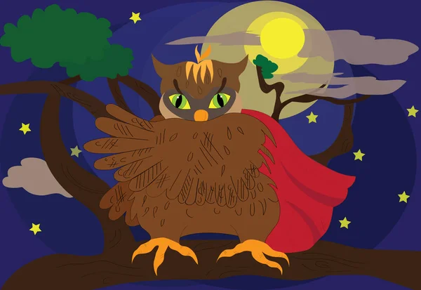  Gece bir daldaki baykuşun vektör çizimi, yağmurluk giymiş bir baykuş.