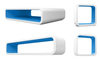 Modüler 3d ürün yerleştirme için raflar render. Beyaz zemin üzerine mavi iç mekan ile beyaz öğelerin ayarla