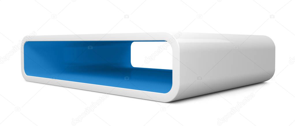 Modular 3D rendered shelves for product placement. Elongated white element with blue inner space and shadow, on white background