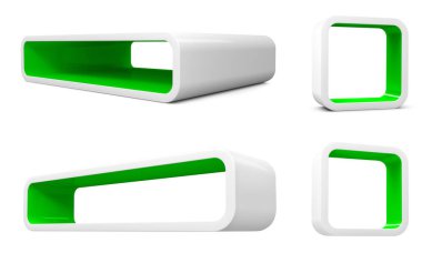 Modüler 3d ürün yerleştirme için raflar render. Beyaz zemin üzerine yeşil iç mekan ile beyaz öğelerin ayarla