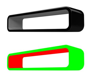 Modüler 3d ürün yerleştirme için raflar render. Uzun siyah öğesi gri iç mekan ile. RGB maskesi ile