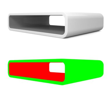 Modüler 3d ürün yerleştirme için raflar render. Uzun Beyaz öğesi gri iç mekan ve beyaz zemin üzerine gölge ile. RGB maskesi ile