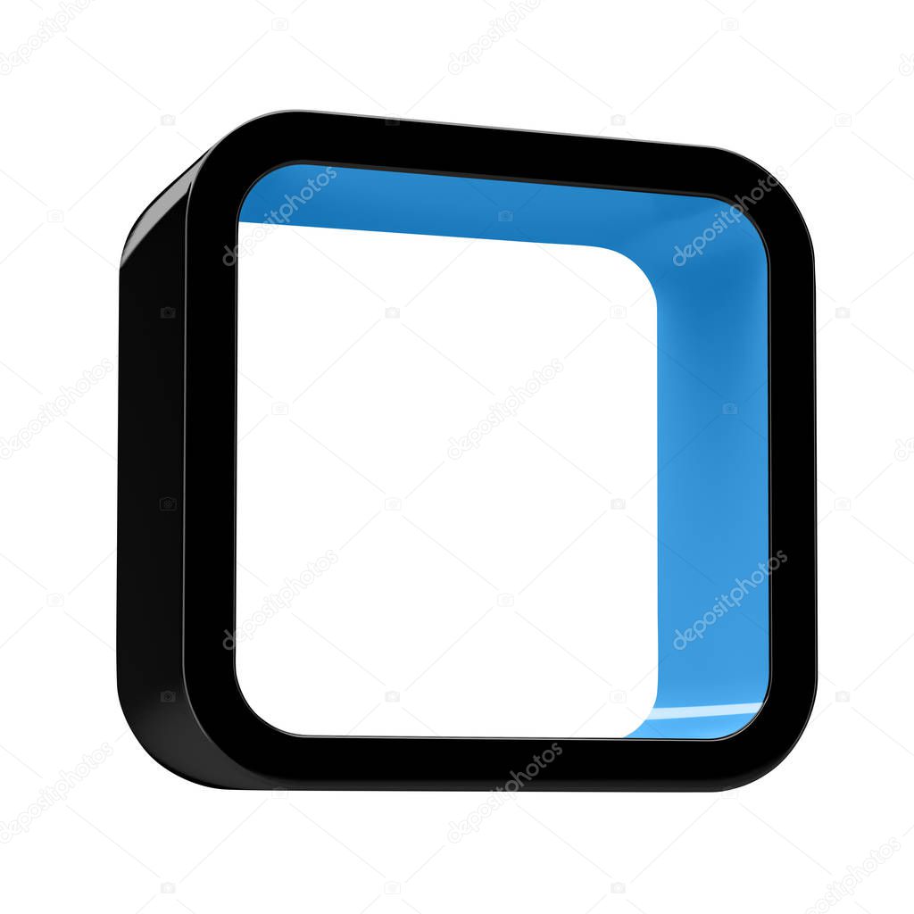 Modular 3D rendered shelves for product placement. Square black element with blue inner space, on white background