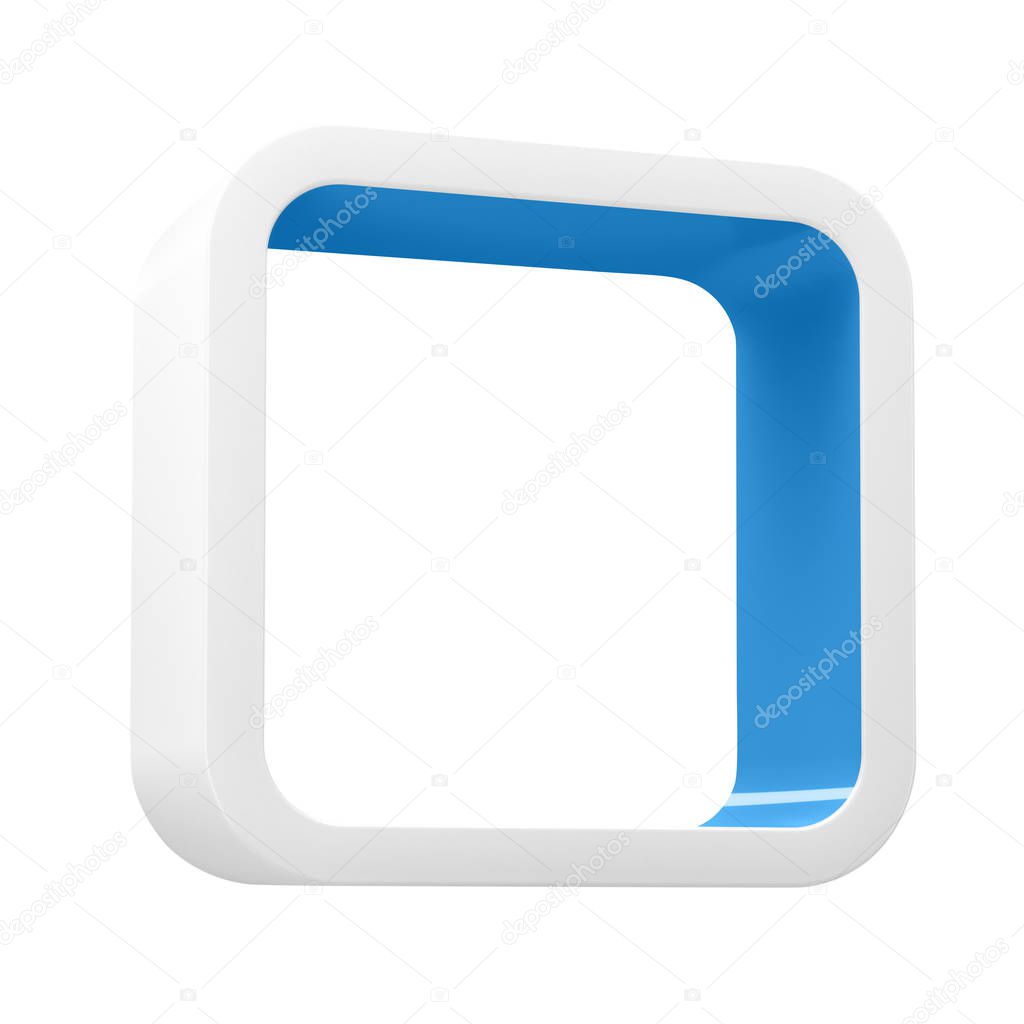 Modular 3D rendered shelves for product placement. Square white element with blue inner space, on white background