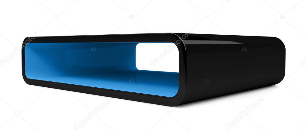 Modular 3D rendered shelves for product placement. Elongated black element with blue inner space and shadow, on white background