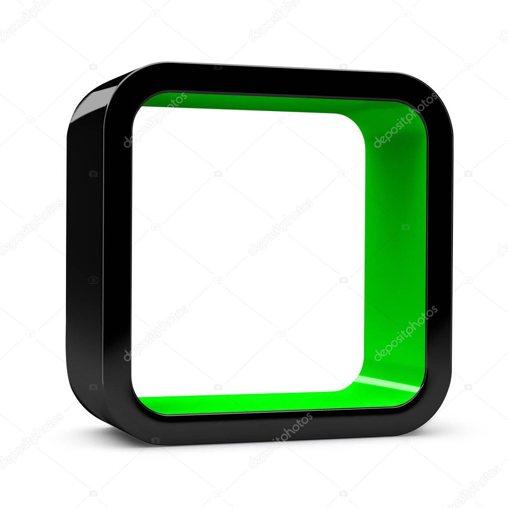 Modular 3D rendered shelves for product placement. Square black element with green inner space and shadow, on white background