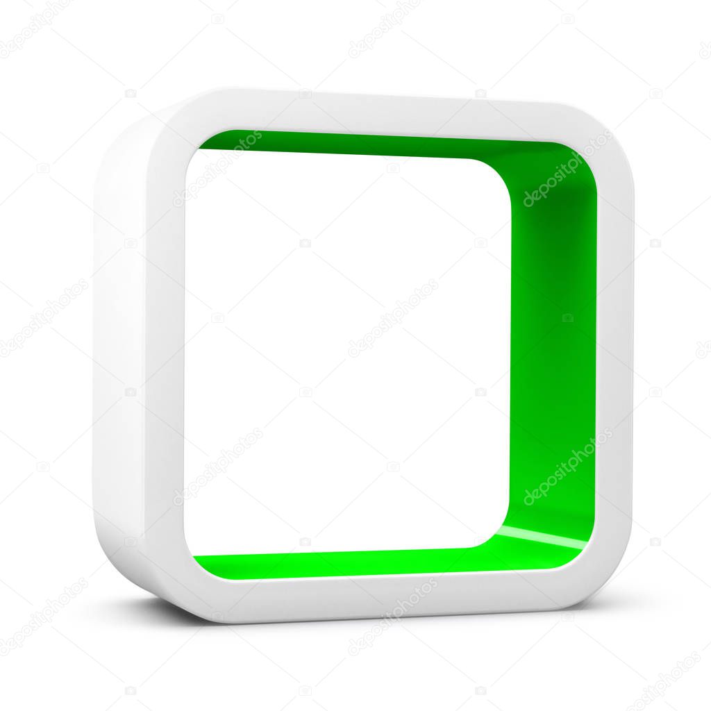 Modular 3D rendered shelves for product placement. Square white element with green inner space and shadow, on white background