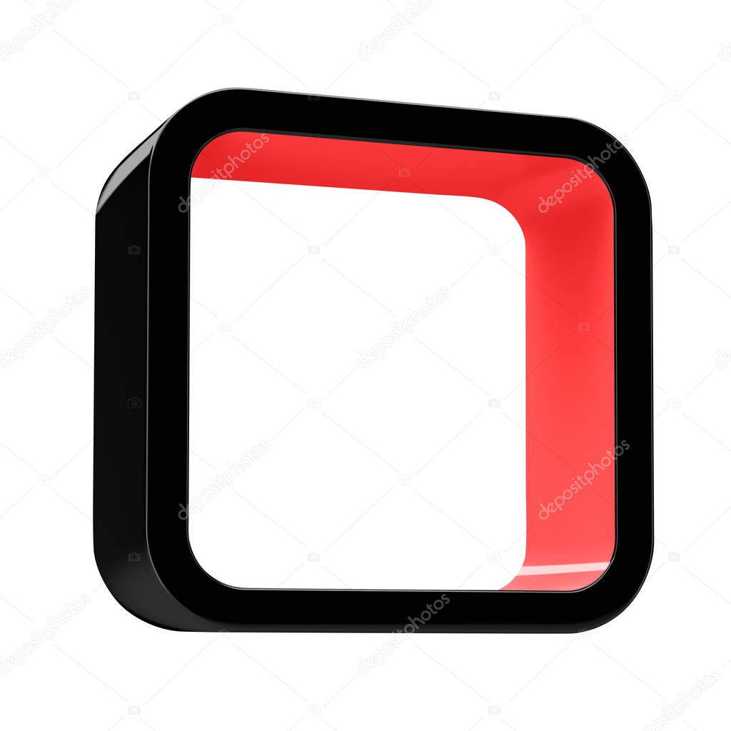 Modular 3D rendered shelves for product placement. Square black element with red inner space, on white background