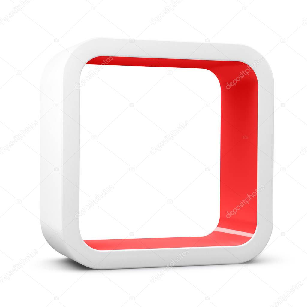 Modular 3D rendered shelves for product placement. Square white element with red inner space and shadow, on white background