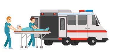 Male and female paramedic enter the patient into the ambulance clipart