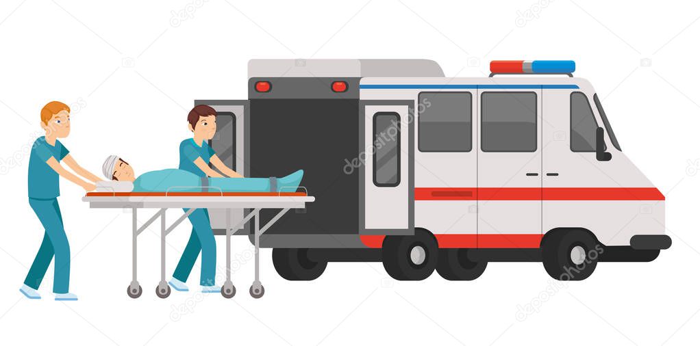 Male and female paramedic enter the patient into the ambulance