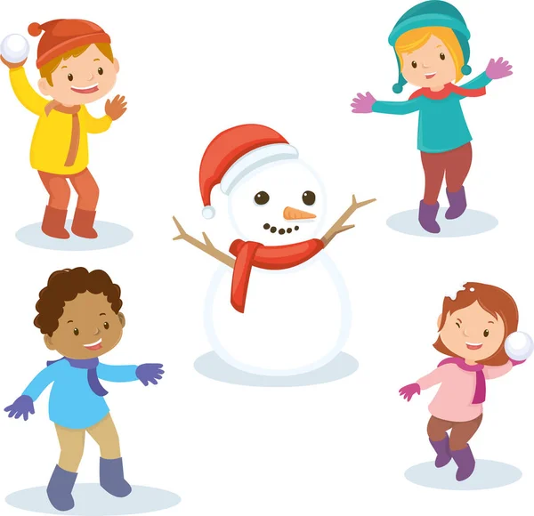 Set Kids Playing Snowman — Stock Vector