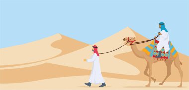 Two guy riding and walking their camel trough desert clipart
