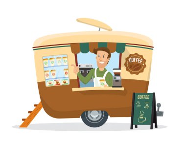 Kahve içecek römork üzerinde satan bir genç adam