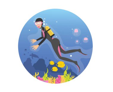 Gençler tüplü dalış kullanarak derin denizde dalış