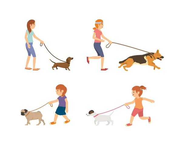 Set People Walking Dog — Stock Vector