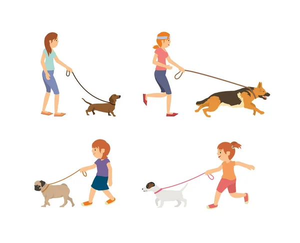 Conjunto Personas Paseando Con Perro — Vector de stock