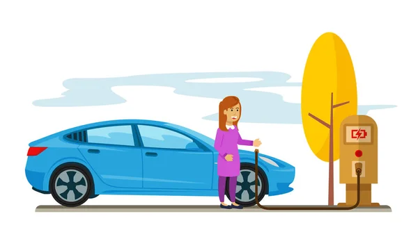 女性が駐車場で彼女の電気自動車の充電 — ストックベクタ