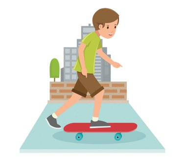 Genç çocuk kaykay oyun düz vektör tarzı