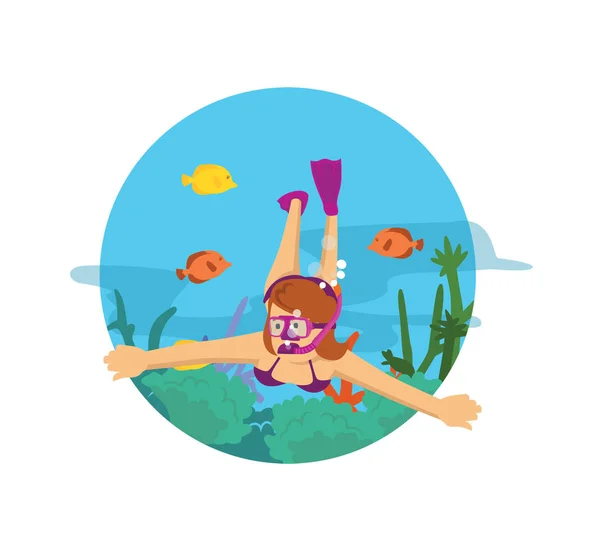 Gente Buceando Océano Nadando Con Peces Arrecifes — Vector de stock
