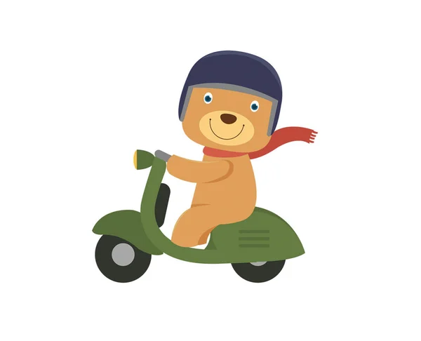 Happy Little Bear Riding Green Scooter — Stock Vector